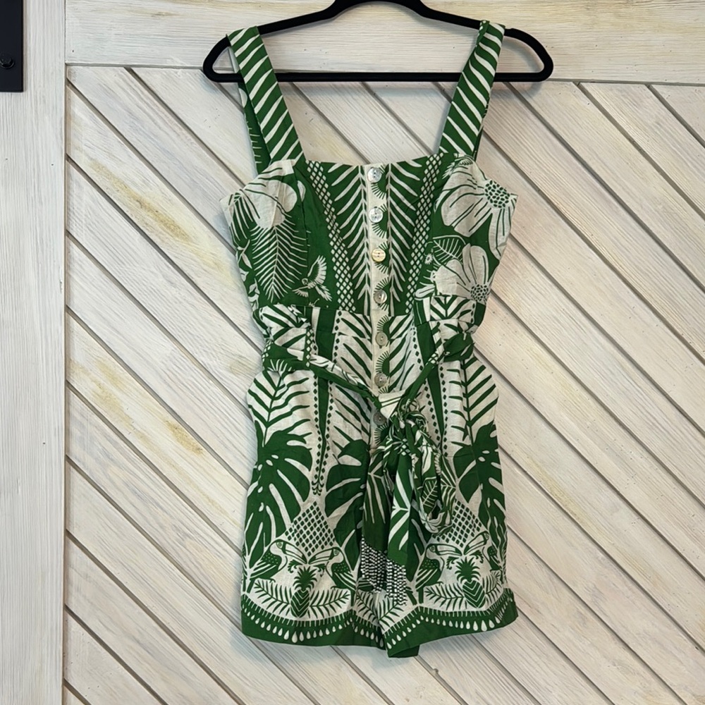 Farm Rio Green and White Patterned Romper